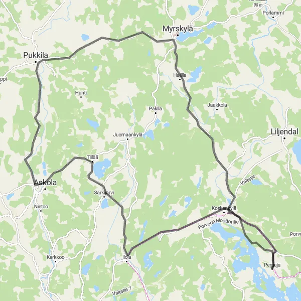 Karttaminiaatyyri "Koskenkylä-Pukkila-Naarkoski-Kamalakallio-Hallila-Kuuskoski pyöräreitti" pyöräilyinspiraatiosta alueella Helsinki-Uusimaa, Finland. Luotu Tarmacs.app pyöräilyreittisuunnittelijalla