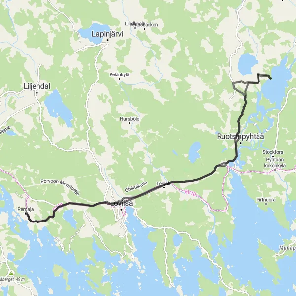 Map miniature of "Road cycling route from Pernå to Ruotsinpyhtää" cycling inspiration in Helsinki-Uusimaa, Finland. Generated by Tarmacs.app cycling route planner