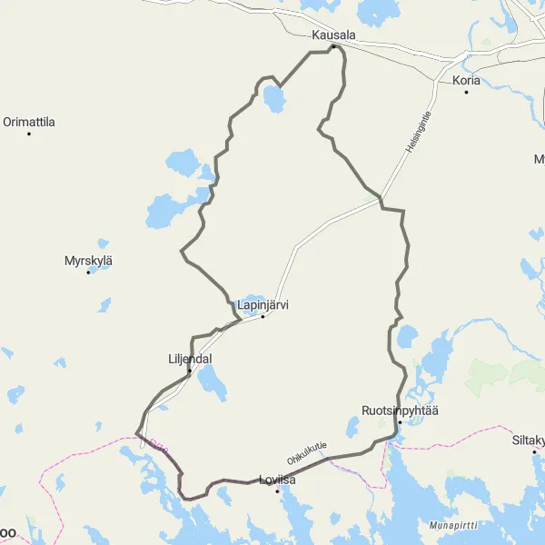 Map miniature of "Road cycling route from Pernå to Elimäki" cycling inspiration in Helsinki-Uusimaa, Finland. Generated by Tarmacs.app cycling route planner