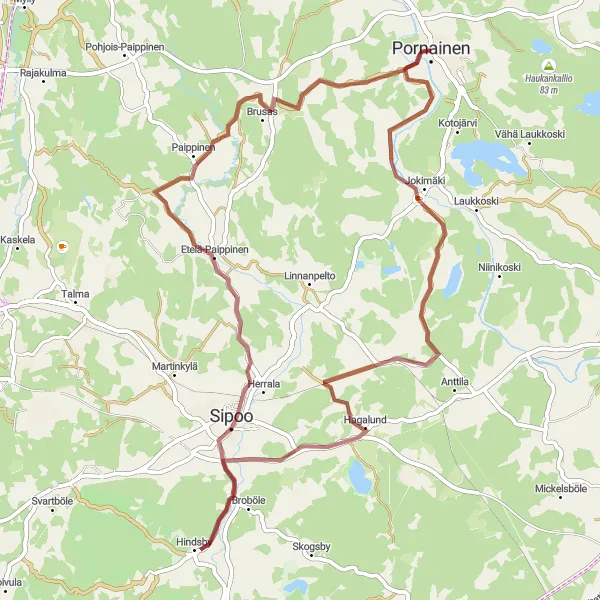 Map miniature of "Pornainen to Etelä-Paippinen Gravel Loop" cycling inspiration in Helsinki-Uusimaa, Finland. Generated by Tarmacs.app cycling route planner