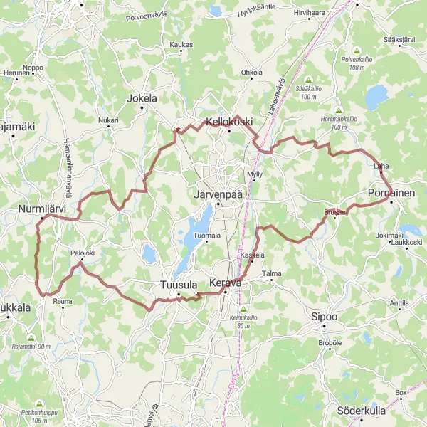 Karttaminiaatyyri "Pornainen – Nurmijärvi - Lahela - Haukkaankallio - Aurinkomäki - Paippinen - Nuppulinna, 104 km" pyöräilyinspiraatiosta alueella Helsinki-Uusimaa, Finland. Luotu Tarmacs.app pyöräilyreittisuunnittelijalla