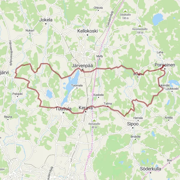 Karttaminiaatyyri "Pornainen - Järvenpää - Lintutorni - Aurinkomäki - Kerava - Linnanpelto - Kirveskoski, 86 km" pyöräilyinspiraatiosta alueella Helsinki-Uusimaa, Finland. Luotu Tarmacs.app pyöräilyreittisuunnittelijalla