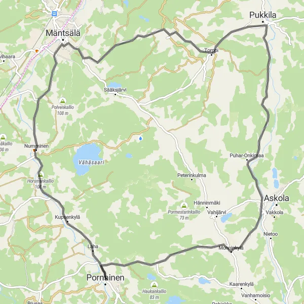 Karttaminiaatyyri "Pornainen - Horsmankallio - Mäntsälä - Pukkila - Naarkoski - Monninkylä, 68 km" pyöräilyinspiraatiosta alueella Helsinki-Uusimaa, Finland. Luotu Tarmacs.app pyöräilyreittisuunnittelijalla