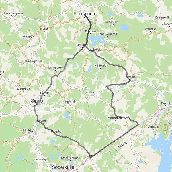 Map miniature of "Lake Views and Sights" cycling inspiration in Helsinki-Uusimaa, Finland. Generated by Tarmacs.app cycling route planner