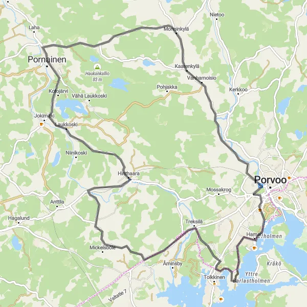 Map miniature of "Rural Delights and Lakes" cycling inspiration in Helsinki-Uusimaa, Finland. Generated by Tarmacs.app cycling route planner