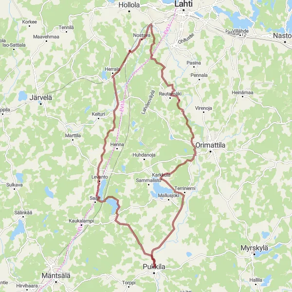 Map miniature of "Pukkila Gravel Adventure" cycling inspiration in Helsinki-Uusimaa, Finland. Generated by Tarmacs.app cycling route planner