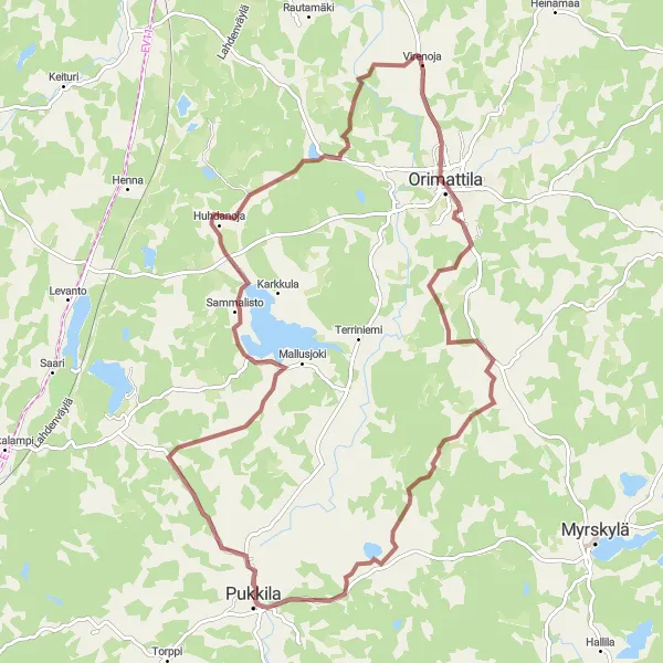 Map miniature of "Pukkila-Virenoja-Naarkoski Route" cycling inspiration in Helsinki-Uusimaa, Finland. Generated by Tarmacs.app cycling route planner