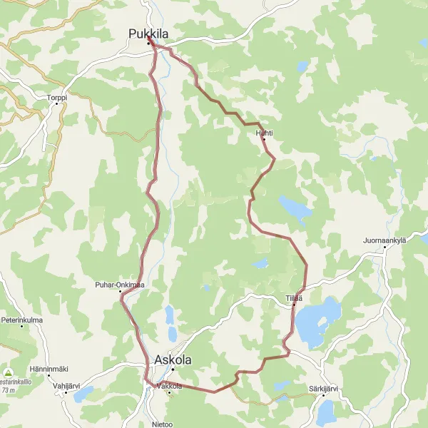 Map miniature of "Pukkila-Naarkoski-Askola Route" cycling inspiration in Helsinki-Uusimaa, Finland. Generated by Tarmacs.app cycling route planner