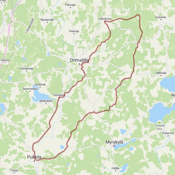 Map miniature of "Pukkila-Heinämaa-Naarkoski Route" cycling inspiration in Helsinki-Uusimaa, Finland. Generated by Tarmacs.app cycling route planner