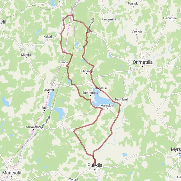 Map miniature of "Pukkila Gravel Delight" cycling inspiration in Helsinki-Uusimaa, Finland. Generated by Tarmacs.app cycling route planner