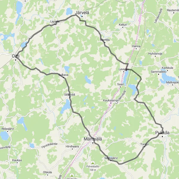 Map miniature of "Mäntsälä-Oitti Circuit" cycling inspiration in Helsinki-Uusimaa, Finland. Generated by Tarmacs.app cycling route planner