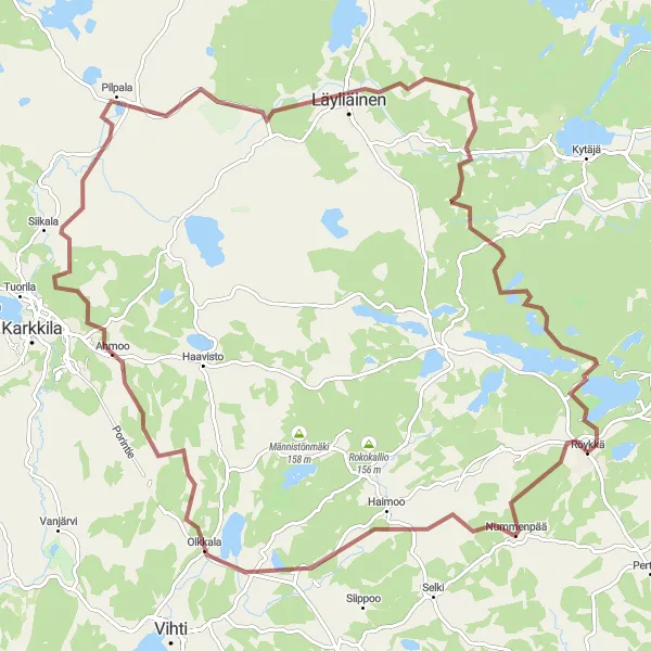 Map miniature of "Röykkä-Nummenpää Gravel Ride" cycling inspiration in Helsinki-Uusimaa, Finland. Generated by Tarmacs.app cycling route planner