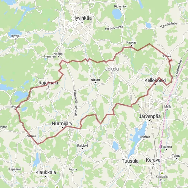 Map miniature of "Kellokoski Gravel Adventure" cycling inspiration in Helsinki-Uusimaa, Finland. Generated by Tarmacs.app cycling route planner