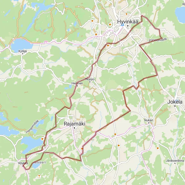 Map miniature of "Röykkä-Sääksjärvi Gravel Ride" cycling inspiration in Helsinki-Uusimaa, Finland. Generated by Tarmacs.app cycling route planner