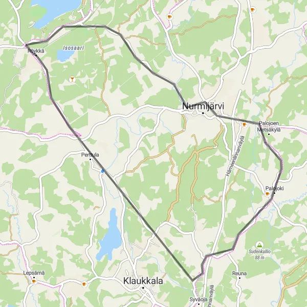 Map miniature of "Röykkä-Nurmijärvi Loop" cycling inspiration in Helsinki-Uusimaa, Finland. Generated by Tarmacs.app cycling route planner