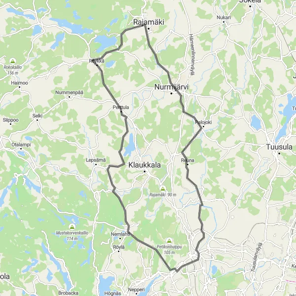 Map miniature of "Röykkä-Tykkitorninmäki Loop" cycling inspiration in Helsinki-Uusimaa, Finland. Generated by Tarmacs.app cycling route planner