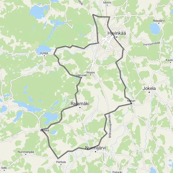 Map miniature of "Hyvinkää Adventure" cycling inspiration in Helsinki-Uusimaa, Finland. Generated by Tarmacs.app cycling route planner