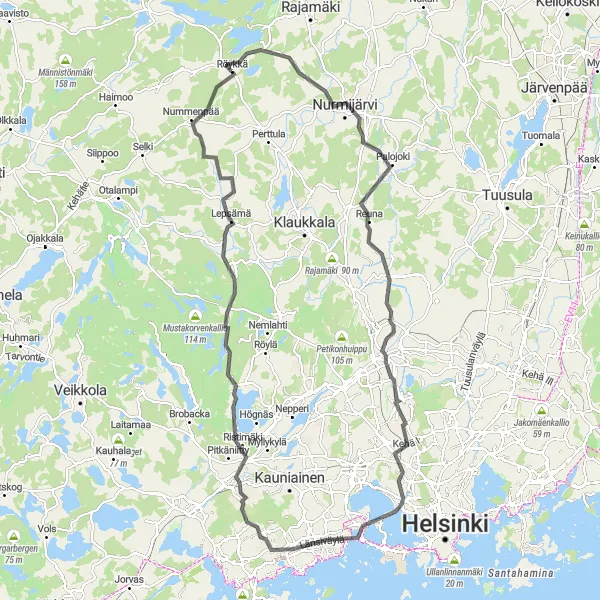 Map miniature of "Nurmijärvi Loop" cycling inspiration in Helsinki-Uusimaa, Finland. Generated by Tarmacs.app cycling route planner