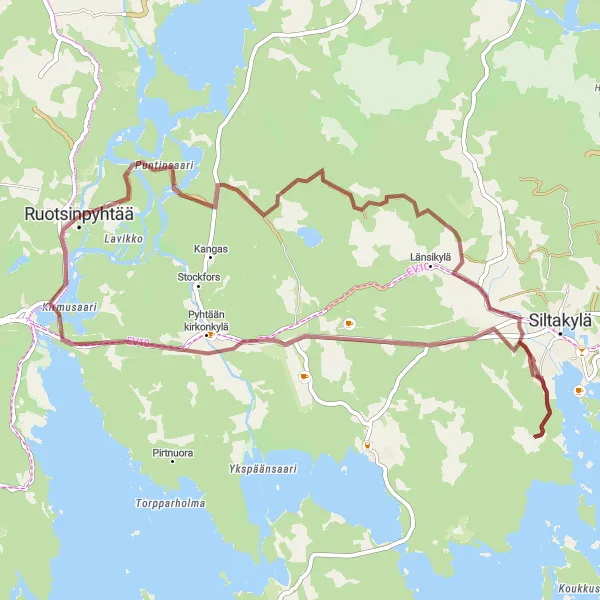 Map miniature of "Ruotsinpyhtää Gravel Adventure" cycling inspiration in Helsinki-Uusimaa, Finland. Generated by Tarmacs.app cycling route planner