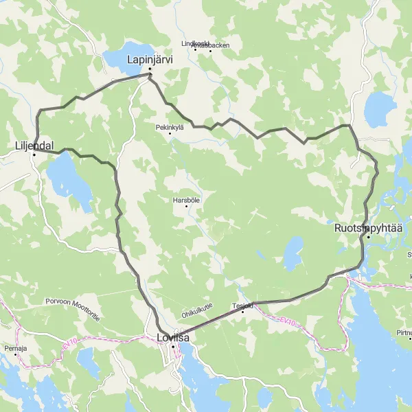 Map miniature of "Ruotsinpyhtää Coastal Route" cycling inspiration in Helsinki-Uusimaa, Finland. Generated by Tarmacs.app cycling route planner