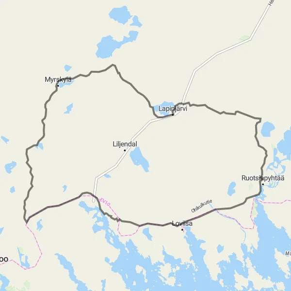 Karttaminiaatyyri "Ruotsinpyhtää - Myrskylä Round-trip Cycling Route" pyöräilyinspiraatiosta alueella Helsinki-Uusimaa, Finland. Luotu Tarmacs.app pyöräilyreittisuunnittelijalla