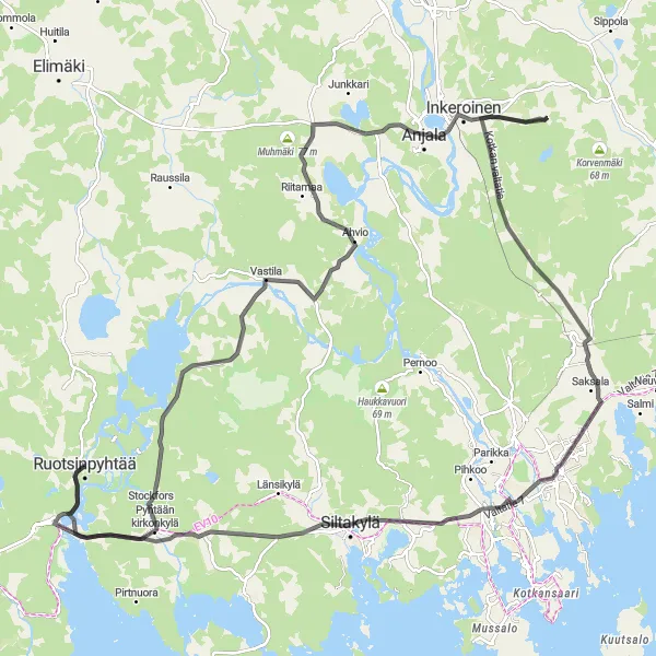 Map miniature of "The Coastline Loop" cycling inspiration in Helsinki-Uusimaa, Finland. Generated by Tarmacs.app cycling route planner