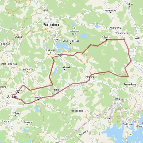 Map miniature of "Laukkoski to Hinthaara" cycling inspiration in Helsinki-Uusimaa, Finland. Generated by Tarmacs.app cycling route planner