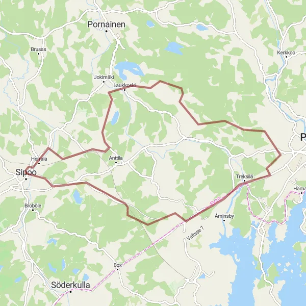 Map miniature of "Through the Heart of Uusimaa Gravel Loop" cycling inspiration in Helsinki-Uusimaa, Finland. Generated by Tarmacs.app cycling route planner