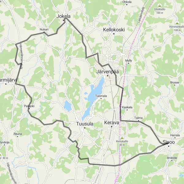 Map miniature of "The Northern Loop" cycling inspiration in Helsinki-Uusimaa, Finland. Generated by Tarmacs.app cycling route planner
