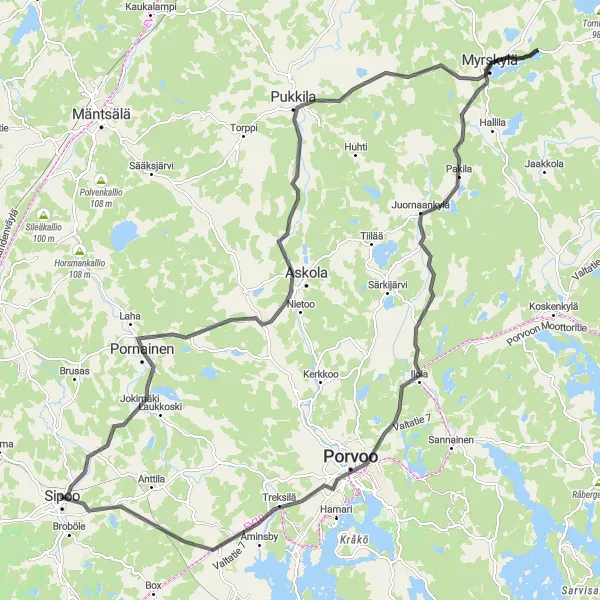 Map miniature of "Pornainen to Porvoo" cycling inspiration in Helsinki-Uusimaa, Finland. Generated by Tarmacs.app cycling route planner