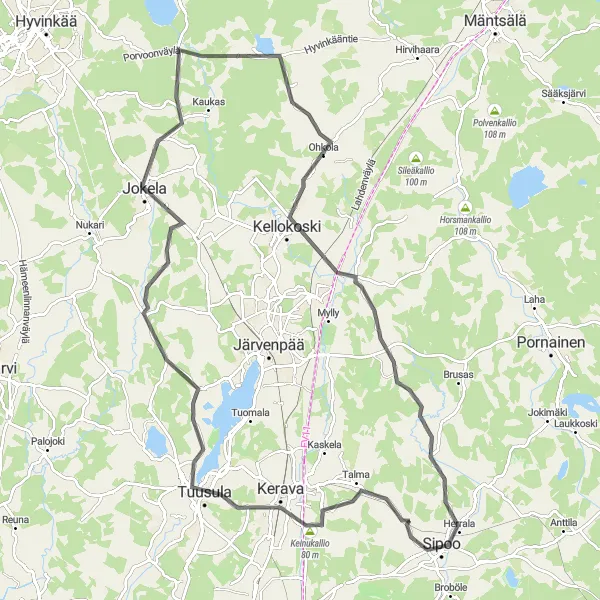 Map miniature of "Serenity Ride: Kerava to Sipoo" cycling inspiration in Helsinki-Uusimaa, Finland. Generated by Tarmacs.app cycling route planner