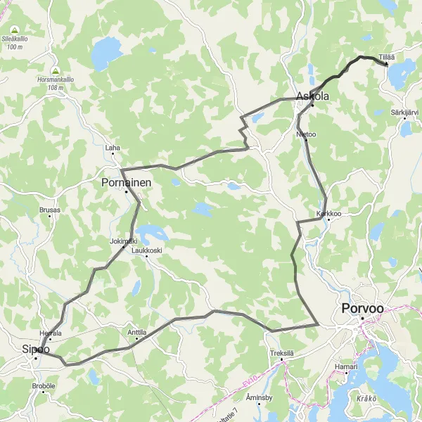 Map miniature of "Rural Delights: Pornainen Loop" cycling inspiration in Helsinki-Uusimaa, Finland. Generated by Tarmacs.app cycling route planner
