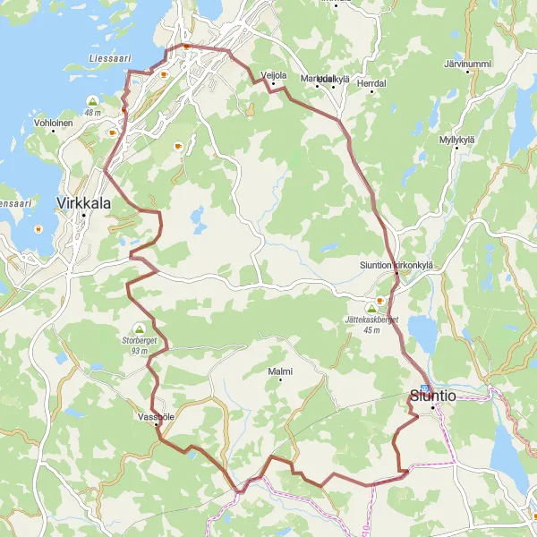 Map miniature of "Discover Siuntio: Gravel Route through Scenic Landscapes" cycling inspiration in Helsinki-Uusimaa, Finland. Generated by Tarmacs.app cycling route planner