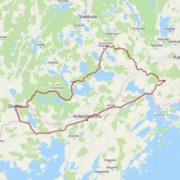 Map miniature of "Siuntio Gravel Adventure: Majestic Views and Charming Villages" cycling inspiration in Helsinki-Uusimaa, Finland. Generated by Tarmacs.app cycling route planner