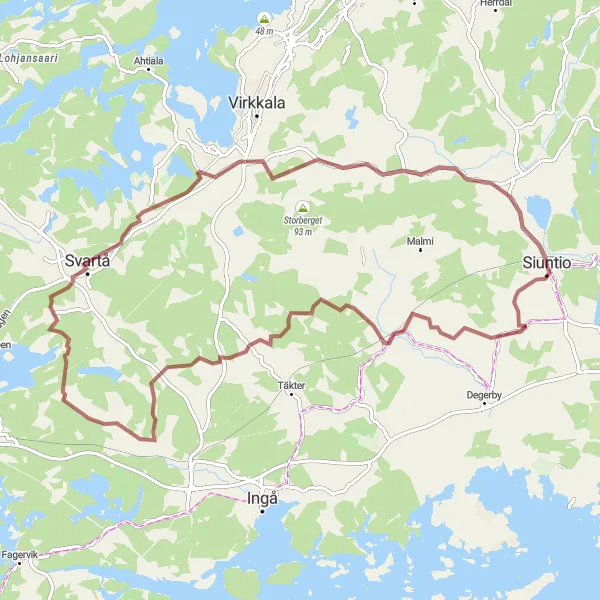 Map miniature of "Siuntio-Svartå Gravel Adventure" cycling inspiration in Helsinki-Uusimaa, Finland. Generated by Tarmacs.app cycling route planner
