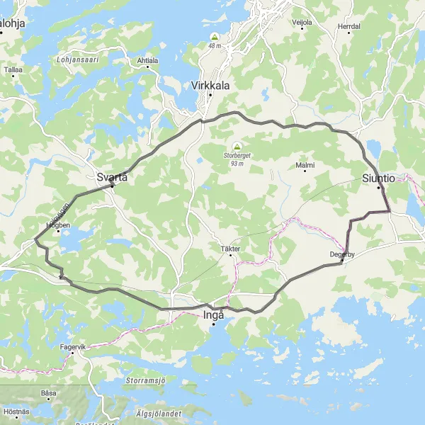 Karttaminiaatyyri "Siuntio - Degerby - Ingå - Svartå - Jättekaskberget - Siuntio" pyöräilyinspiraatiosta alueella Helsinki-Uusimaa, Finland. Luotu Tarmacs.app pyöräilyreittisuunnittelijalla