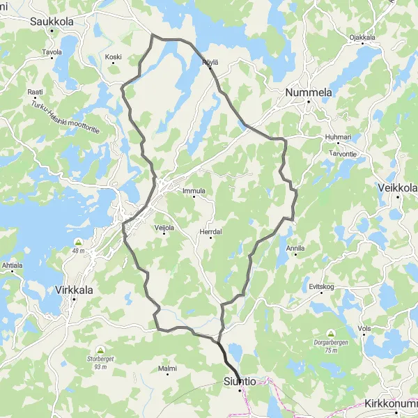 Karttaminiaatyyri "Siuntio - Lempola - Jättekaskberget - Siuntio" pyöräilyinspiraatiosta alueella Helsinki-Uusimaa, Finland. Luotu Tarmacs.app pyöräilyreittisuunnittelijalla