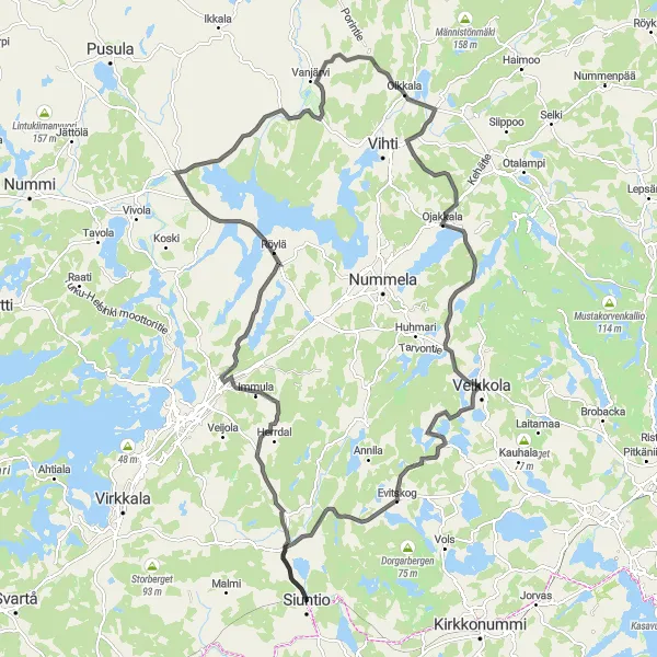 Map miniature of "Siuntio-Veikkola-Evitskog Loop" cycling inspiration in Helsinki-Uusimaa, Finland. Generated by Tarmacs.app cycling route planner