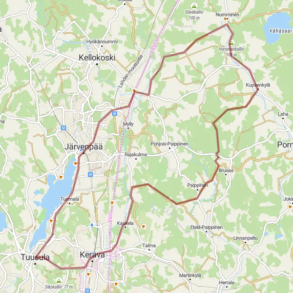 Map miniature of "Gravel Adventure of Järvenpää" cycling inspiration in Helsinki-Uusimaa, Finland. Generated by Tarmacs.app cycling route planner