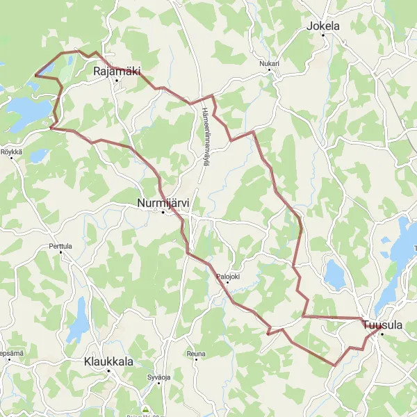 Map miniature of "Nurmijärvi Gravel Challenge" cycling inspiration in Helsinki-Uusimaa, Finland. Generated by Tarmacs.app cycling route planner
