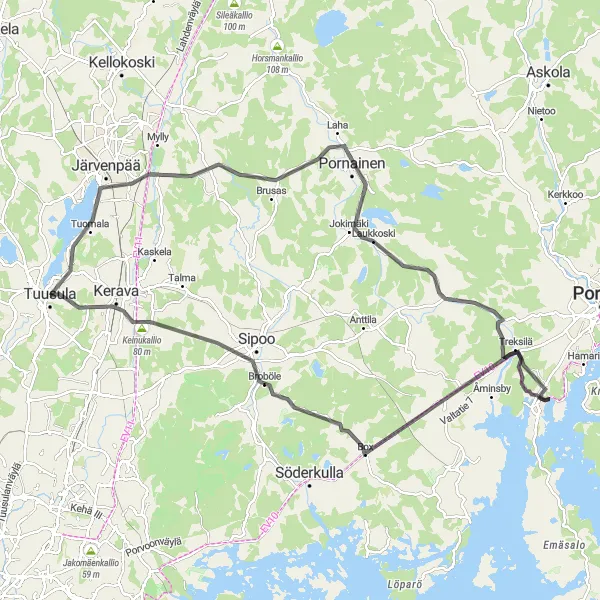Map miniature of "Scenic Helsinki-Uusimaa Road Tour" cycling inspiration in Helsinki-Uusimaa, Finland. Generated by Tarmacs.app cycling route planner