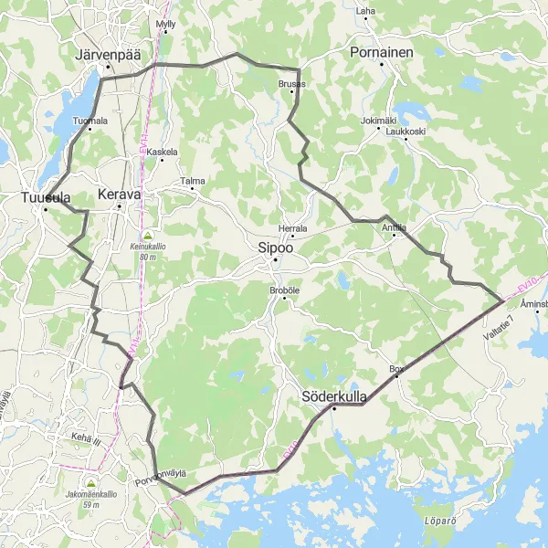 Karttaminiaatyyri "Tien päällä ja metsässä Tuusulasta" pyöräilyinspiraatiosta alueella Helsinki-Uusimaa, Finland. Luotu Tarmacs.app pyöräilyreittisuunnittelijalla