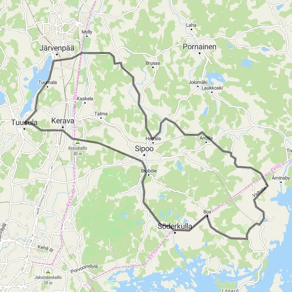 Map miniature of "Historic Highlights of East Uusimaa" cycling inspiration in Helsinki-Uusimaa, Finland. Generated by Tarmacs.app cycling route planner