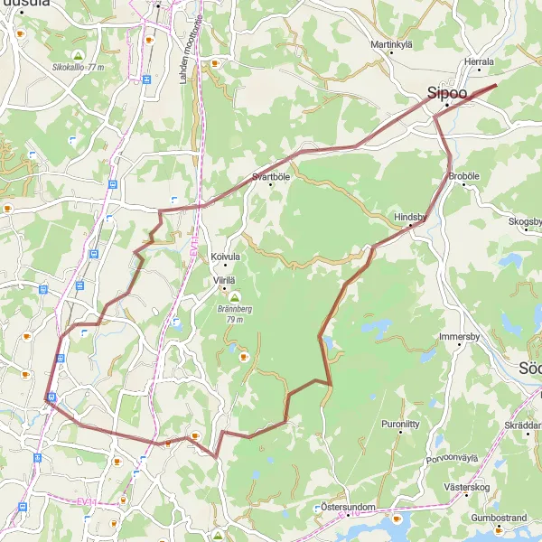 Map miniature of "Coastal Gravel Escape" cycling inspiration in Helsinki-Uusimaa, Finland. Generated by Tarmacs.app cycling route planner