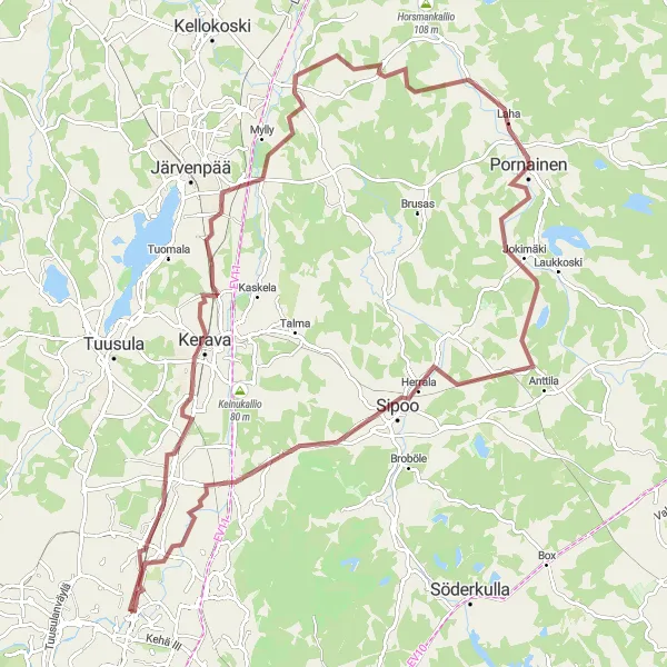 Map miniature of "Scenic Gravel Ride from Vantaa to Sipoo" cycling inspiration in Helsinki-Uusimaa, Finland. Generated by Tarmacs.app cycling route planner