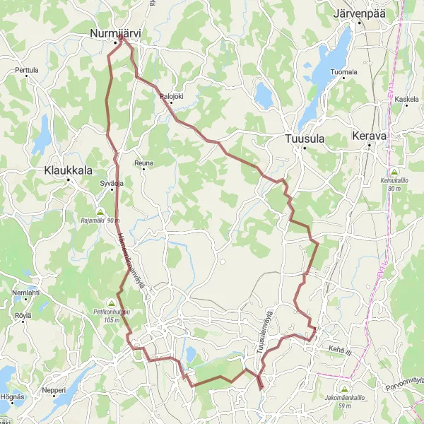 Map miniature of "Scenic Gravel Ride from Vantaa to Lahela" cycling inspiration in Helsinki-Uusimaa, Finland. Generated by Tarmacs.app cycling route planner