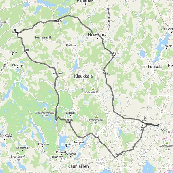 Karttaminiaatyyri "Tikkurila - Nurmijärvi Round-trip Cycling Route" pyöräilyinspiraatiosta alueella Helsinki-Uusimaa, Finland. Luotu Tarmacs.app pyöräilyreittisuunnittelijalla