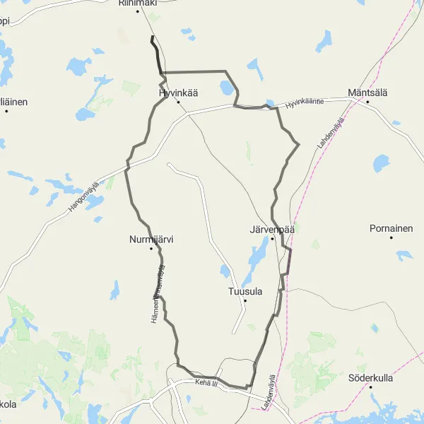 Map miniature of "Tikkurila to Kellokoski Road Cycling" cycling inspiration in Helsinki-Uusimaa, Finland. Generated by Tarmacs.app cycling route planner