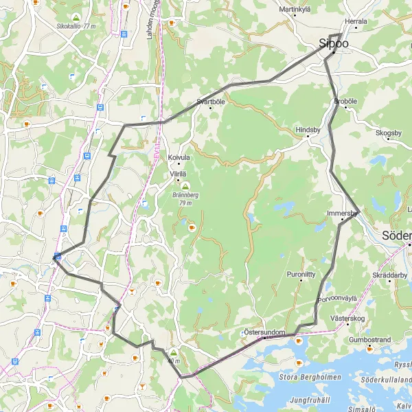 Map miniature of "Scenic Road Ride" cycling inspiration in Helsinki-Uusimaa, Finland. Generated by Tarmacs.app cycling route planner