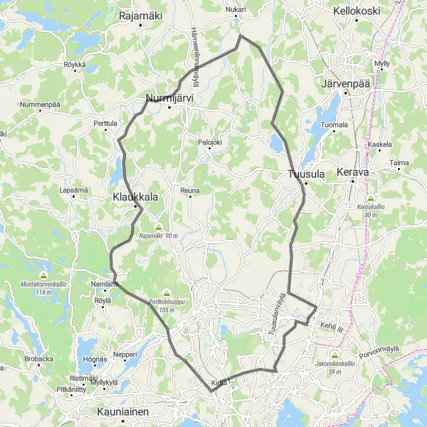 Map miniature of "Vantaa to Nurmijärvi Road Cycling" cycling inspiration in Helsinki-Uusimaa, Finland. Generated by Tarmacs.app cycling route planner